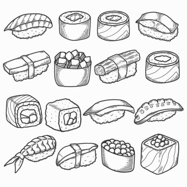 Asya yemekleri. Farklı bir suşi seti ve somon, avokado, ton balığı vs. Eskiz stili. Vektör el çizimi resimleme.