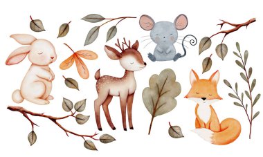 Wild animals. Set of wild watercolor  animals. Forest branches and leaves. Fox, deer, mouse, hare, rabbit. clipart