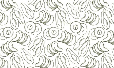 Avokado ile kusursuz desen. Sağlıklı vejetaryen yemeği. Vektör monokrom el çizimi çizimi. Çizgi sanatı