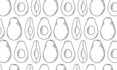 Avokado ile kusursuz desen. Sağlıklı vejetaryen yemeği. Vektör monokrom el çizimi çizimi. Çizgi sanatı