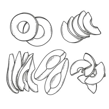 Beyaz arka plana el çizimi avokado seti. Avokado çeşitli şekillerde kesilmiş, dilimler ve takozlar. Vektör illüstrasyonu