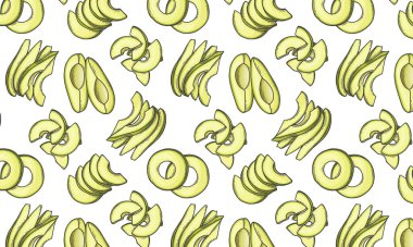 Avokado ile kusursuz desen. Avokado dilimleri. Vektör tasarımı tekstil, tebrik kartı, poster, ambalaj kağıdı tasarımları. El çizimi illüstrasyon.