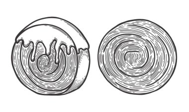 New York dürümleri. Kruvasan, tatlı fırın ürünü çizimi, kabartma vektör çizimi, üst ve yan görünüm. Tahta sitili taklit. Siyah beyaz el çizimi resim