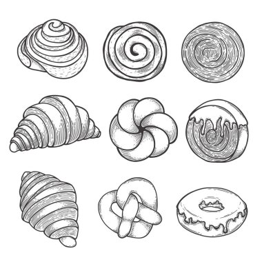 Hand-drawn set of delicious bakery pastries. Collection includes croissants, donuts, pretzels, swirls, and sweet buns with chocolate glaze. Line drawing illustrations