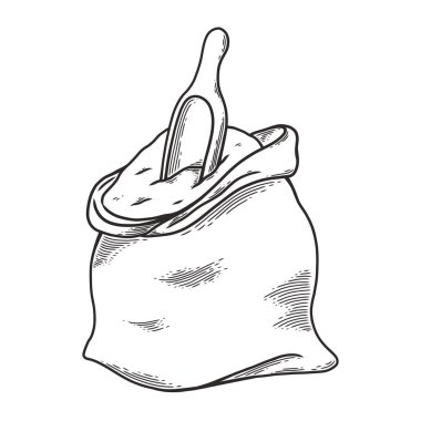 Bir torba un ya da kepçeli şeker. El çizimi taslak tarzı. Etiket, ağ ve fırın için klasik siyah vektör oymacılığı. Beyaz arkaplanda izole.