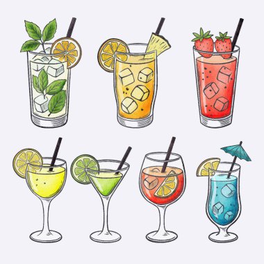 Limon, limon, nane, çilek ve şemsiye gibi süslemelerle farklı bardaklarda çeşitli renkli kokteyllerin el yapımı suluboya ve mürekkep çizimi ve yaz içecekleri.