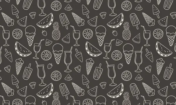 Dondurma, dondurma, tropikal kokteyller, karpuz dilimleri, narenciye meyveleri, ananas, çilek ve deniz kabuklarının çizimleriyle kusursuz bir yaz şablonu.