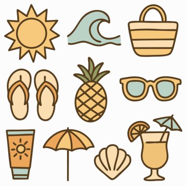 Güneş, dalga, plaj çantası, parmak arası terlik, ananas, güneş gözlüğü, güneş kremi, plaj şemsiyesi, deniz kabuğu ve tropikal kokteyl içeren şirin bir yaz ikonu seti. Pastel renkler, özet tasarım, plaj tatili teması.