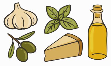 Çizgi film stili İtalyan yemek malzemeleri; sarımsak, fesleğen yaprağı, zeytin, bir parça peynir ve bir şişe zeytinyağı. Doğal renklerde elle çizilmiş taslak biçimi