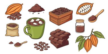 El yapımı kakao ve çikolata temalı çizimler koleksiyonu. Renkli ve özet unsurlar, besin çizimleri, ambalaj tasarımı veya eğitim materyalleri için ideal.