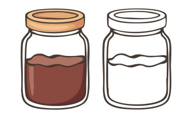 Bir kavanoz kakao. Özetlenmiş ve elle çizilmiş bir çizim. Gıda çizimleri, ambalaj tasarımı veya eğitim malzemeleri için mükemmel.