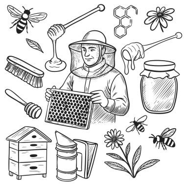 Siyah-beyaz, el yapımı arıcılık ve bal çizimleri. Arı yetiştiricisi, arı, bal kavanozu, kovan, bal peteği, çiçek ve arıcılık ekipmanlarını içerir.