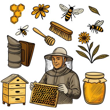 El yapımı arıcılık ve bal çizimleri koleksiyonu. Arılar, arı yetiştiricileri, bal kavanozları, kovanları, bal petekleri, çiçekler ve renkli versiyonda arıcılık araçlarını içerir.