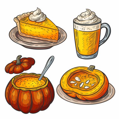 Sonbahar yemekleri, balkabağı turtası, baharatlı latte, balkabağı çorbası ve taze balkabağı ile illüstrasyon seti. Şükran Günü, sonbahar tarifleri, kafe menüsü ve tatil tasarımı için mükemmel bir el yapımı klima..