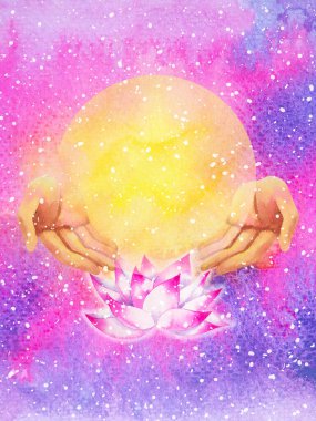 Sahasrara Taç Çakra mor ya da beyaz renkli logo simgesi Reiki zihin sağlığı bütünsel enerji lotus mandala suluboya resim çizim çizimi evren arka planı