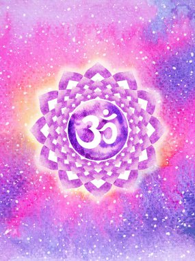 Sahasrara Taç Çakra mor ya da beyaz renkli logo simgesi Reiki zihin sağlığı bütünsel enerji lotus mandala suluboya resim çizim çizimi evren arka planı