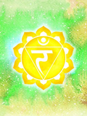 Manipura Solar Plexus Chakra sarı renkli logo simgesi Reiki zihin manevi sağlık bütünsel enerji lotus mandala suluboya resim çizim çizimi evren arka planı
