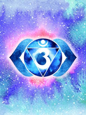 Ajna Üçüncü Göz Çakra çivit mavisi logo sembolü Reiki zihinsel sağlık bütünsel enerji lotus mandala suluboya resim çizim çizim evreni arka plan