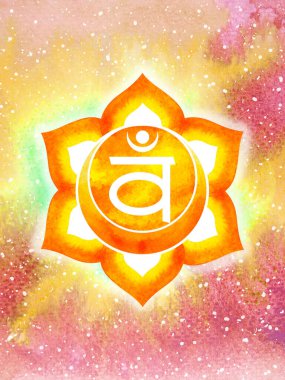 Svadhisthana Sacral Çakra turuncu renk logosu simgesi Reiki zihin manevi sağlık bütünsel enerji lotus mandala suluboya resim çizim çizimi evren arka planı