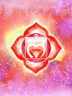 Muladhara Kök Çakra kırmızı renk logosu simgesi Reiki zihin manevi sağlık bütünsel enerji lotus mandala suluboya resim çizim çizim evren arka planı