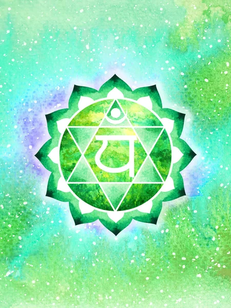 Anahata Heart Chakra绿色标志图标Reiki精神健康治愈整体能量莲花曼达拉水彩画艺术图解设计宇宙背景 — 图库照片