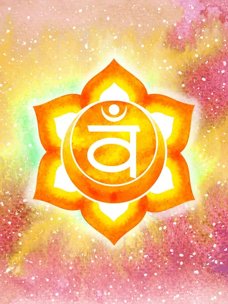 Svadhisthana Sacral Chakra橙色标志图标Reiki精神健康愈合整体能量莲花曼达拉水彩画艺术图解设计宇宙背景 — 图库照片