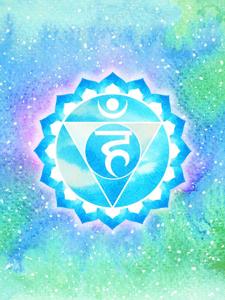 Vishuddha Throat Chakra sky blue color logo symbol icon reiki mind spiritual health healing holistic energy lotus mandala watercolor painting art illustration design universe background