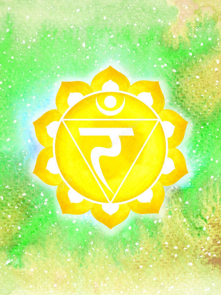 Manipura Solar Plexus Chakra yellow color logo symbol icon reiki mind spiritual health healing holistic energy lotus mandala watercolor painting art illustration design universe background