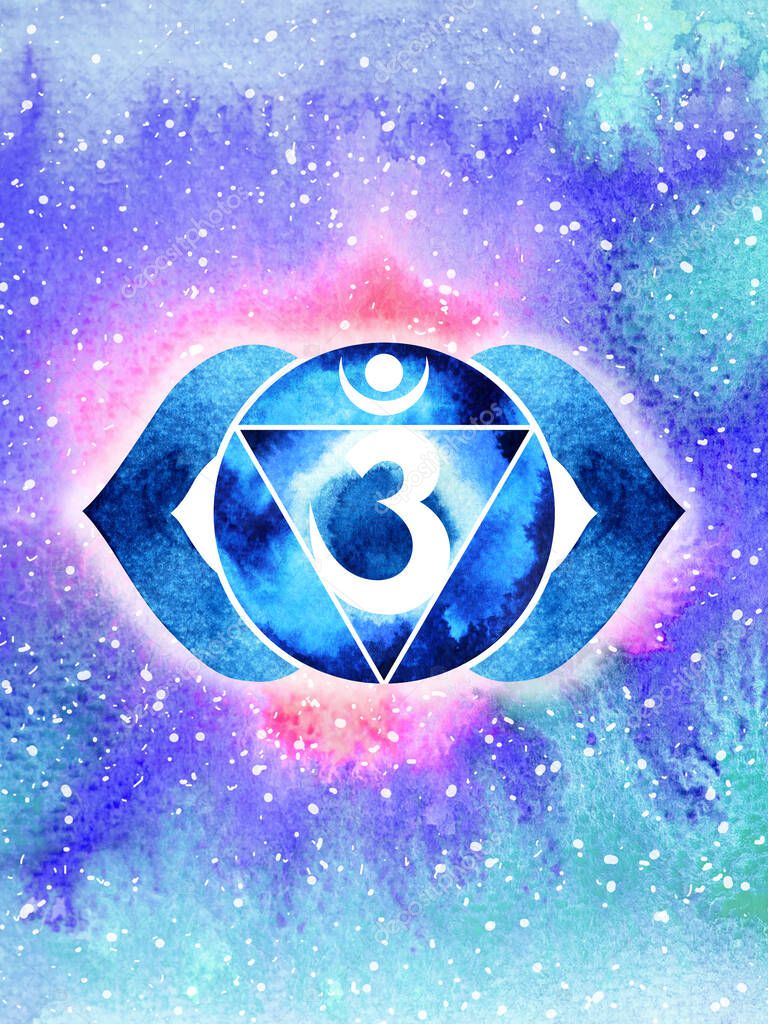 Ajna Third Eye Chakra indigo blue color logo symbol icon reiki mind spiritual health healing holistic energy lotus mandala watercolor painting art illustration design universe background