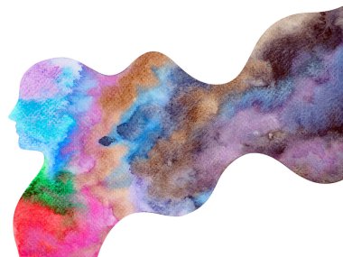 İnsan vücudu, düşünceli akıl sağlığı. Duygusal enerji, ruhani düşünce, beyin gücü, sanat tasarımı, suluboya resim.