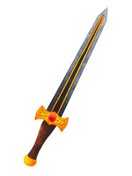 剣剣剣剣鋼騎士中世古代の戦い黒黄金のルビー白の孤立したアートデザインイラスト水彩画 — ストック写真