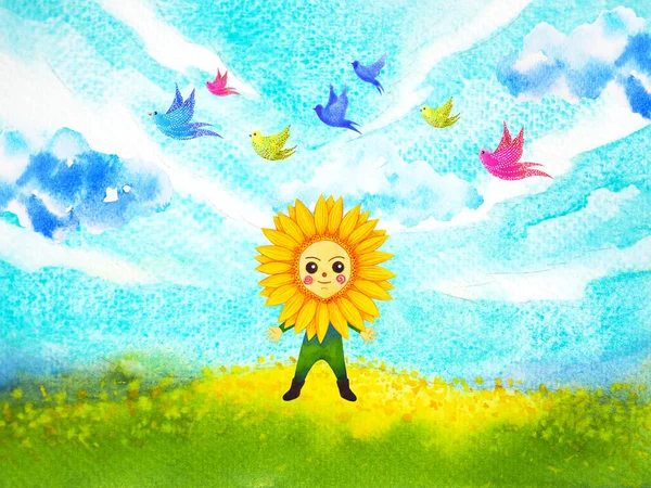 Szczęśliwy Dziecko Żółty Słonecznik Głowa Kwiat Ludzki Ciało Umysł Zdrowie — Zdjęcie stockowe
