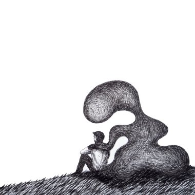 human man body sit with mind mental health healing spiritual sad pain depressed loneliness monster in your mind sadness negative energy emotion abstract art watercolor painting illustration drawing
