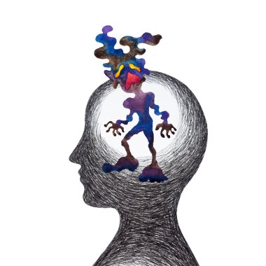 human man body with mind mental health healing spiritual sad pain depressed loneliness monster in your mind sadness negative energy emotion abstract art watercolor painting illustration drawing