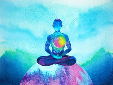human realize being of feeling mind mental health meditate yoga chakra spiritual healing abstract energy meditation soul connect the universe power watercolor painting illustration design drawing art