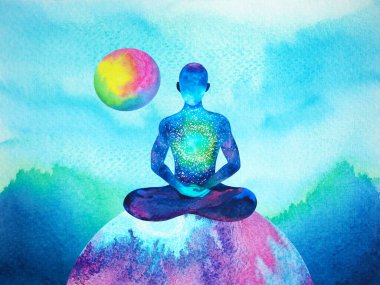 human realize being of feeling mind mental health meditate yoga chakra spiritual healing abstract energy meditation soul connect the universe power watercolor painting illustration design drawing art