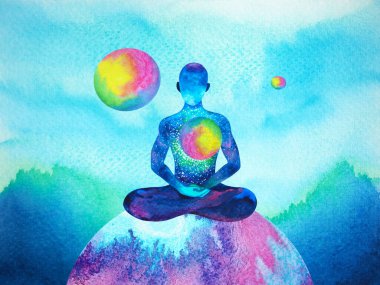 human realize being of feeling mind mental health meditate yoga chakra spiritual healing abstract energy meditation soul connect the universe power watercolor painting illustration design drawing art