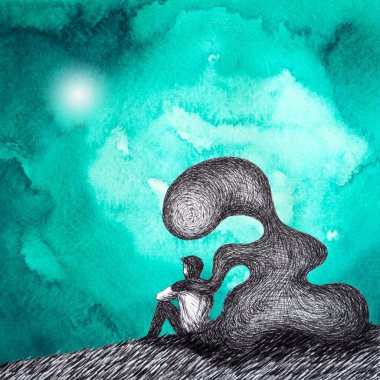 human man body sit with mind mental health healing spiritual sad pain depressed loneliness monster in your mind sadness negative energy emotion abstract art watercolor painting illustration drawing