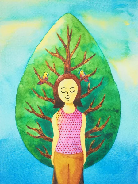 Happy Woman Find Peace Calm Still Nature Tree Mind Spiritual — Stok fotoğraf