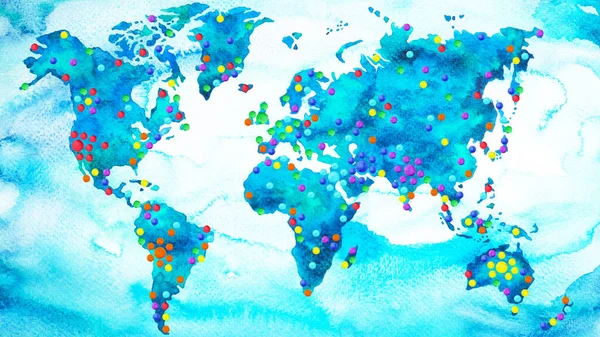 ソーシャルウイルスマーケティングネットワークコミュニティオンラインメディアグローバルビジネスインターネット人口世界地図アートデザインイラスト7アース チャクラの位置カラー水彩画 — ストック写真