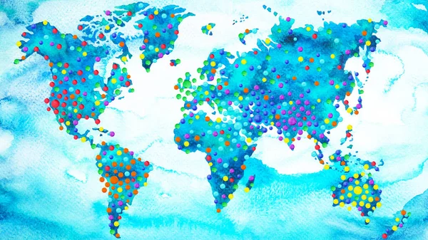 社会病毒营销网络社区在线媒体全球商业互联网人口世界地图艺术设计图解 7地球脉轮定位彩色水彩画 — 图库照片