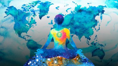 İnsan zihni zihin sağlığı yoga çakrası soyut enerji meditasyonu suluboya resim tasarımı ile evreni birbirine bağlar.