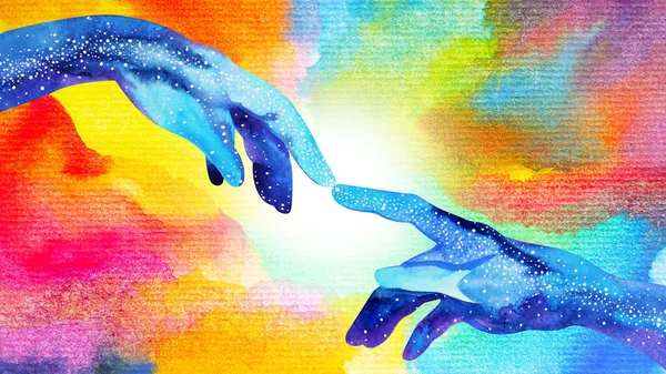 人間の手のつながり心の健康精神的な癒し抽象的なエネルギー瞑想は 宇宙のパワー水彩画のイラストデザイン図面アートを接続します — ストック写真