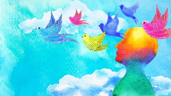 Pájaros Volando Cielo Azul Arte Abstracto Mente Salud Mental Sanación — Foto de Stock