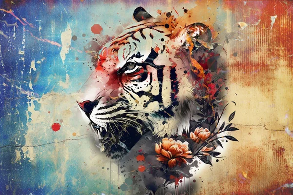 Tiger Arte Ilustración Color Vendimia Retro —  Fotos de Stock