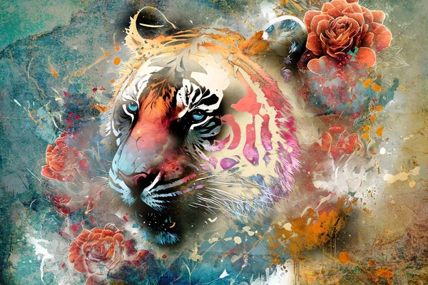 Tygrys Sztuka Ilustracja Kolor Vintage Retro — Zdjęcie stockowe