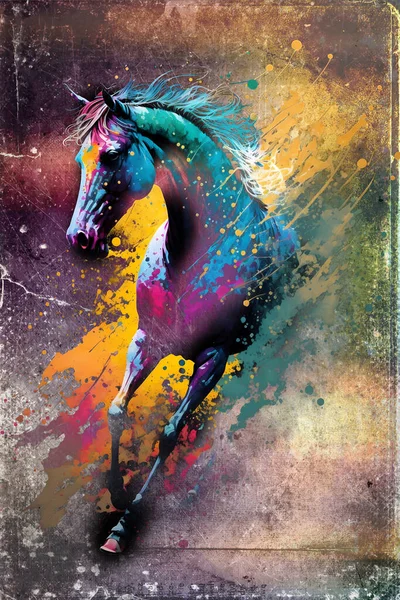 Ρετρό Ρετρό Πολύχρωμο Άλογο Τέχνη Εικονογράφηση Grunge Ζωγραφική Εικόνα Αρχείου