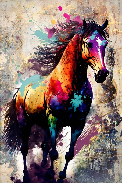 Vintage Retrò Cavallo Colorato Arte Illustrazione Grunge Pittura Foto Stock Royalty Free