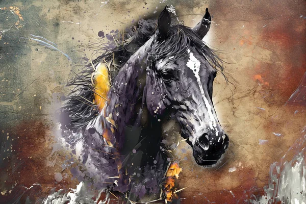 Jahrgang Retro Buntes Pferd Kunst Illustration Grunge Malerei Stockfoto