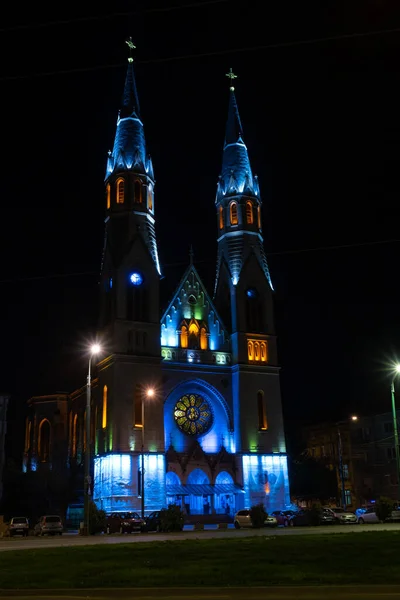 View Illuminated Church Night Sacred Heart Jesus Church — Stockfoto